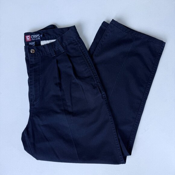 Vintage Made In Canada Chaps Ralph Lauren 100% Cotton Navy Pleated Chinos W32 - Picture 2 of 6